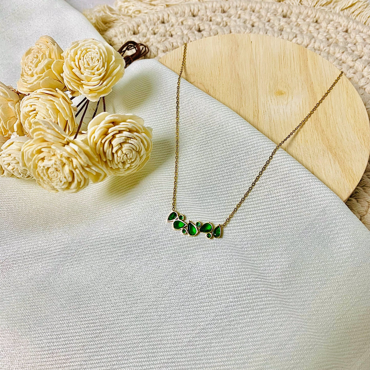 Emerald green drop bar necklace