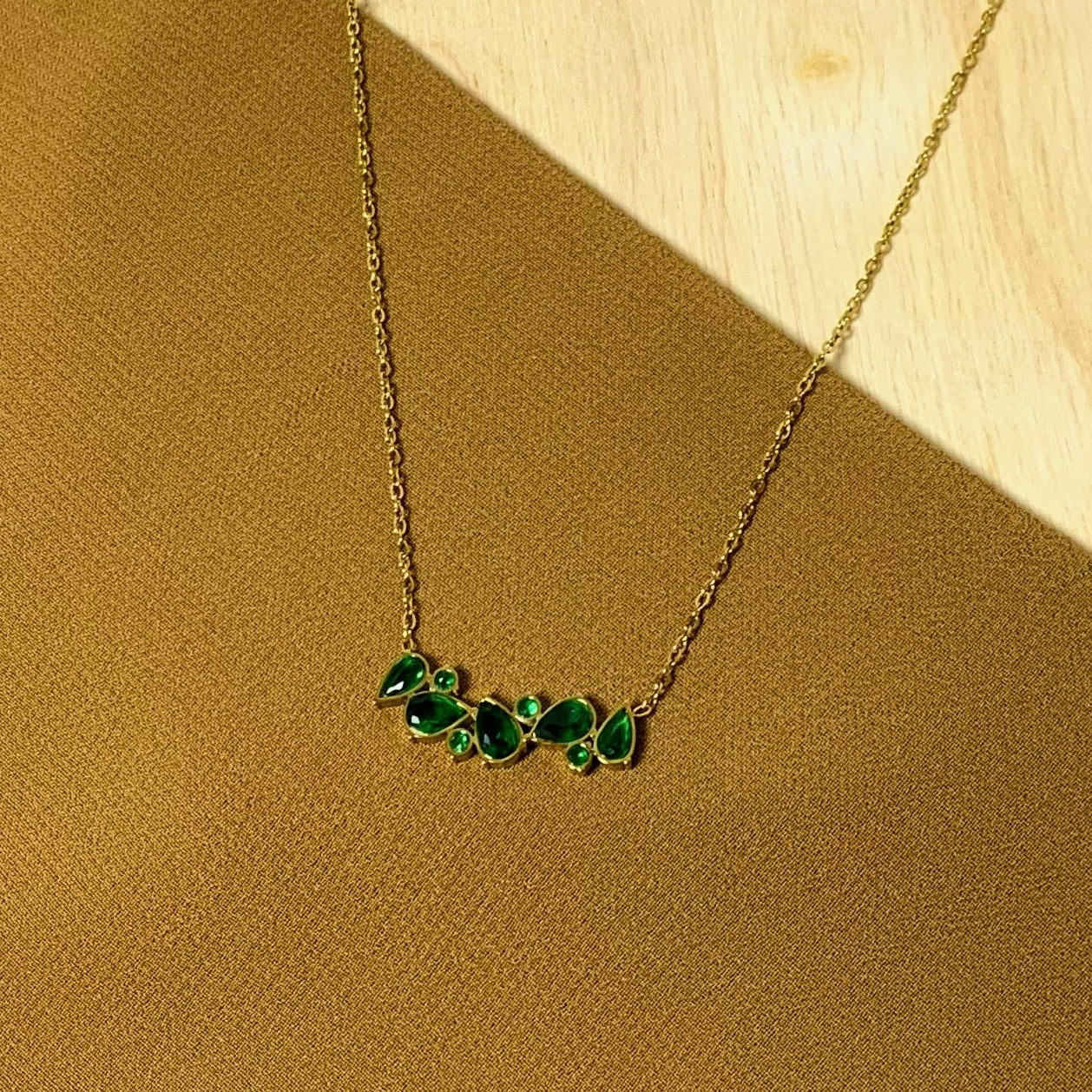 Emerald green drop bar necklace